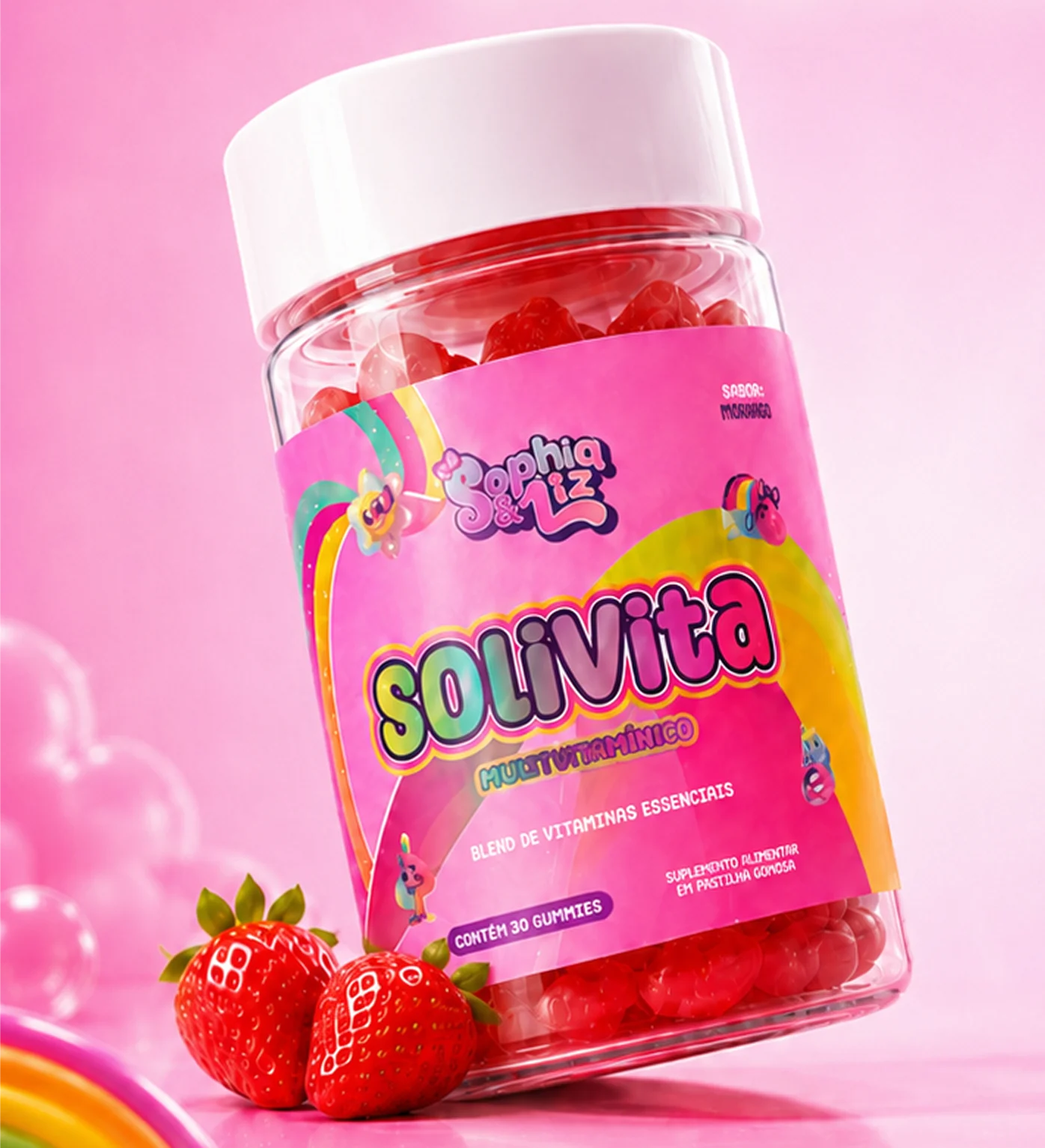 Pote rosa de Multivitamínico Solivita em um cenário colorido