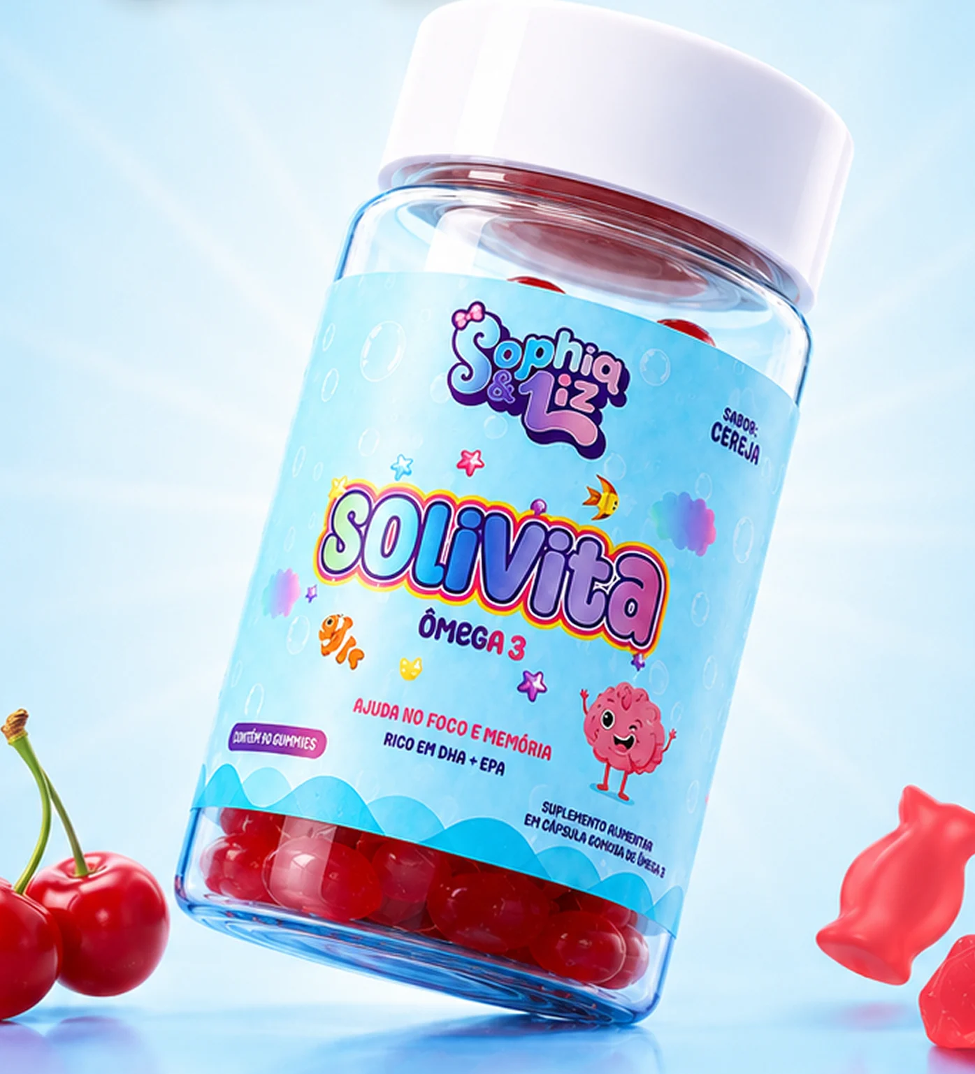 Pote azul de Ômega 3 Solivita em um cenário colorido