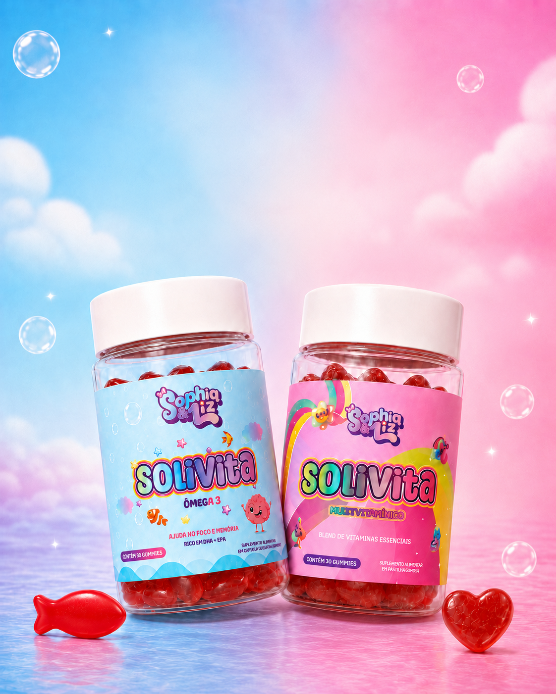 Dois potes de gummies Solivita em um cenário colorido